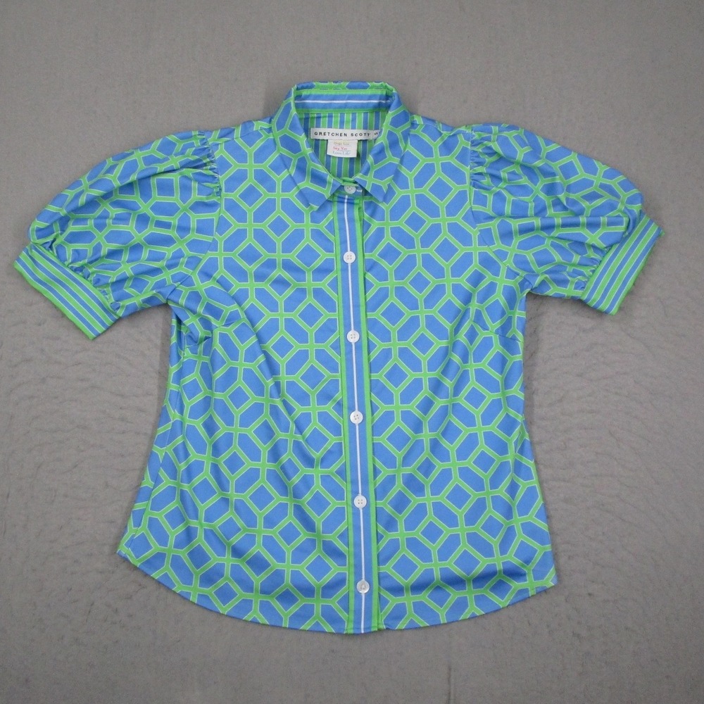 Gretchen Scott Blue Green Geometric Trellis Puff Sleeve Button Down Shirt Small